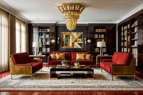 Photo from Pinterest of Art deco-style interior designed (living room interior) With rug and coffee tables and plant and furniture and bookshelves and occasional tables and televisions and sofa. . With rich colors and luxury and exuberant shapes and geometric lines and glamour and geometric shapes and angular shapes and decadent detail. . Cinematic photo, highly detailed, cinematic lighting, ultra-detailed, ultrarealistic, photorealism, 8k. Trending on Pinterest. Art deco interior design style