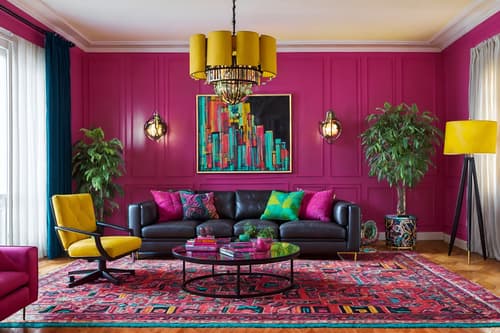 Photo from Pinterest of Maximalist-style interior designed (living room interior) With coffee tables and electric lamps and rug and televisions and sofa and chairs and plant and furniture. . With eye-catching and bold design and vibrant and bold colors and bold creativity and more is more philosophy and playful and bold patterns. . Cinematic photo, highly detailed, cinematic lighting, ultra-detailed, ultrarealistic, photorealism, 8k. Trending on Pinterest. Maximalist interior design style