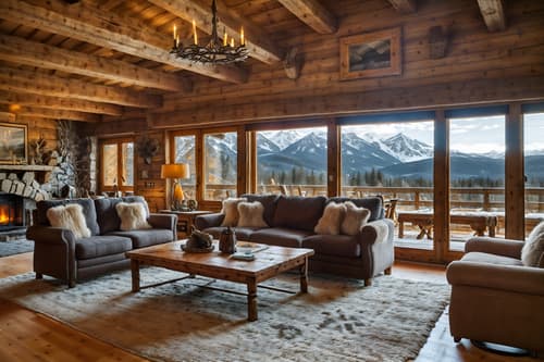 Photo from Pinterest of Ski chalet-style interior designed (living room interior) With rug and coffee tables and televisions and occasional tables and furniture and electric lamps and chairs and sofa. . With layered textiles and wooden walls and animal furs and exposed construction beams and richly patterned fabrics and window with mountain views and stone fireplace and hanging wall elk antler. . Cinematic photo, highly detailed, cinematic lighting, ultra-detailed, ultrarealistic, photorealism, 8k. Trending on Pinterest. Ski chalet interior design style