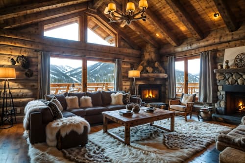 Photo from Pinterest of Ski chalet-style interior designed (living room interior) With rug and coffee tables and televisions and occasional tables and furniture and electric lamps and chairs and sofa. . With layered textiles and wooden walls and animal furs and exposed construction beams and richly patterned fabrics and window with mountain views and stone fireplace and hanging wall elk antler. . Cinematic photo, highly detailed, cinematic lighting, ultra-detailed, ultrarealistic, photorealism, 8k. Trending on Pinterest. Ski chalet interior design style