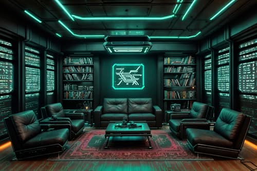 Photo from Pinterest of Cyberpunk-style interior designed (living room interior) With bookshelves and chairs and plant and coffee tables and furniture and occasional tables and sofa and rug. . With futuristic cybernetic details and synthetic objects and color lights glow and military uniforms and gear and clean straight square lines and bladerunner lights and cyberpunk style and cyberpunk lights. . Cinematic photo, highly detailed, cinematic lighting, ultra-detailed, ultrarealistic, photorealism, 8k. Trending on Pinterest. Cyberpunk interior design style