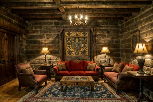 Photo from Pinterest of Medieval-style interior designed (living room interior) With coffee tables and chairs and electric lamps and rug and sofa and plant and furniture and occasional tables. . With castle interior and stone walls and medieval shields on the wall and Deep colors like red, gold, or blue and carved wooden tables and castle interior and Upholstery on chairs and sofas and castle interior. . Cinematic photo, highly detailed, cinematic lighting, ultra-detailed, ultrarealistic, photorealism, 8k. Trending on Pinterest. Medieval interior design style