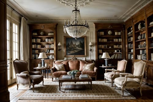 Photo from Pinterest of French country-style interior designed (living room interior) With chairs and sofa and rug and bookshelves and furniture and coffee tables and electric lamps and occasional tables. . With . . Cinematic photo, highly detailed, cinematic lighting, ultra-detailed, ultrarealistic, photorealism, 8k. Trending on Pinterest. French country interior design style
