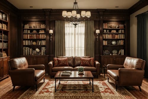 Photo from Pinterest of Vintage-style interior designed (living room interior) With occasional tables and chairs and rug and bookshelves and furniture and televisions and coffee tables and sofa. . With . . Cinematic photo, highly detailed, cinematic lighting, ultra-detailed, ultrarealistic, photorealism, 8k. Trending on Pinterest. Vintage interior design style