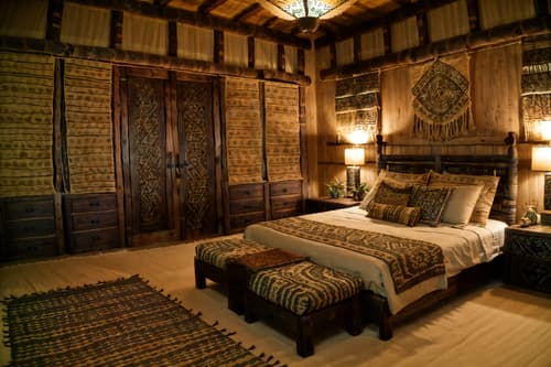 Photo from Pinterest of Tribal-style interior designed (bedroom interior) With mirror and bedside table or night stand and plant and bed and headboard and dresser closet and storage bench or ottoman and night light. . With intricate grass weaving and hand dyed batik fabrics and tribal revival and planks of stone and sculptures and artworks and animal prints and animal furslinen and desert colours. . Cinematic photo, highly detailed, cinematic lighting, ultra-detailed, ultrarealistic, photorealism, 8k. Trending on Pinterest. Tribal interior design style