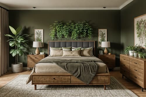 Photo from Pinterest of Biophilic-style interior designed (bedroom interior) With accent chair and bed and headboard and bedside table or night stand and dresser closet and night light and plant and storage bench or ottoman. . With plants and earthy colors and ceramic materials and Environmental features and Natural patterns and natural elements and images of animals and natural environment. . Cinematic photo, highly detailed, cinematic lighting, ultra-detailed, ultrarealistic, photorealism, 8k. Trending on Pinterest. Biophilic interior design style