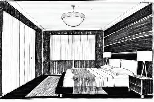 (Hand-drawn monochrome black and white sketch line drawing)++ of Sketch-style interior designed (bedroom) apartment interior. A sketch of interior. With . A sketch of interior. With bed and night light and mirror. Trending on Artstation. Black and white line drawing sketch without colors.