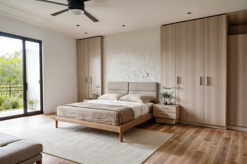 Photo from Pinterest of Modern-style interior designed (bedroom interior) With plant and mirror and headboard and night light and bedside table or night stand and storage bench or ottoman and accent chair and dresser closet. . With Neutral Walls and Textures and Natural Materials and Elements and Simple, Clean Lines and Simplistic Furniture and Open and Natural Lighting and Practicality and Functionality and Neutral Walls and Textures. . Cinematic photo, highly detailed, cinematic lighting, ultra-detailed, ultrarealistic, photorealism, 8k. Trending on Pinterest. Modern interior design style