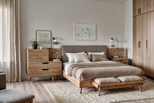 Photo from Pinterest of Modern-style interior designed (bedroom interior) With plant and mirror and headboard and night light and bedside table or night stand and storage bench or ottoman and accent chair and dresser closet. . With Neutral Walls and Textures and Natural Materials and Elements and Simple, Clean Lines and Simplistic Furniture and Open and Natural Lighting and Practicality and Functionality and Neutral Walls and Textures. . Cinematic photo, highly detailed, cinematic lighting, ultra-detailed, ultrarealistic, photorealism, 8k. Trending on Pinterest. Modern interior design style