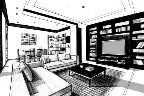 (hand-drawn monochrome black and white sketch line drawing)++ of sketch-style interior designed (living room) apartment interior. a sketch of interior. with . a sketch of interior. with bookshelves and televisions and coffee tables. trending on artstation. black and white line drawing sketch without colors. masterpiece, cinematic light, ultrarealistic+, photorealistic+, 8k, raw photo, realistic, sharp focus on eyes, (symmetrical eyes), (intact eyes), hyperrealistic, highest quality, best quality, , highly detailed, masterpiece, best quality, extremely detailed 8k wallpaper, masterpiece, best quality, ultra-detailed, best shadow, detailed background, detailed face, detailed eyes, high contrast, best illumination, detailed face, dulux, caustic, dynamic angle, detailed glow. dramatic lighting. highly detailed, insanely detailed hair, symmetrical, intricate details, professionally retouched, 8k high definition. strong bokeh. award winning photo.