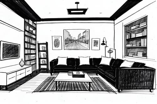 (hand-drawn monochrome black and white sketch line drawing)++ of sketch-style interior designed (living room) apartment interior. a sketch of interior. with . a sketch of interior. with bookshelves and televisions and coffee tables. trending on artstation. black and white line drawing sketch without colors. masterpiece, cinematic light, ultrarealistic+, photorealistic+, 8k, raw photo, realistic, sharp focus on eyes, (symmetrical eyes), (intact eyes), hyperrealistic, highest quality, best quality, , highly detailed, masterpiece, best quality, extremely detailed 8k wallpaper, masterpiece, best quality, ultra-detailed, best shadow, detailed background, detailed face, detailed eyes, high contrast, best illumination, detailed face, dulux, caustic, dynamic angle, detailed glow. dramatic lighting. highly detailed, insanely detailed hair, symmetrical, intricate details, professionally retouched, 8k high definition. strong bokeh. award winning photo.