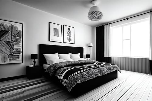 (hand-drawn monochrome black and white sketch line drawing)++ of sketch-style interior designed (bedroom) apartment interior. a sketch of interior. with . a sketch of interior. with headboard and bed and night light. trending on artstation. black and white line drawing sketch without colors. masterpiece, cinematic light, ultrarealistic+, photorealistic+, 8k, raw photo, realistic, sharp focus on eyes, (symmetrical eyes), (intact eyes), hyperrealistic, highest quality, best quality, , highly detailed, masterpiece, best quality, extremely detailed 8k wallpaper, masterpiece, best quality, ultra-detailed, best shadow, detailed background, detailed face, detailed eyes, high contrast, best illumination, detailed face, dulux, caustic, dynamic angle, detailed glow. dramatic lighting. highly detailed, insanely detailed hair, symmetrical, intricate details, professionally retouched, 8k high definition. strong bokeh. award winning photo.