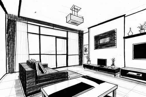 (hand-drawn monochrome black and white sketch line drawing)++ of sketch-style interior designed (living room) apartment interior. a sketch of interior. with . . a sketch of interior. with televisions and plant and occasional tables. trending on artstation. black and white line drawing sketch without colors. masterpiece, cinematic light, ultrarealistic+, photorealistic+, 8k, raw photo, realistic, sharp focus on eyes, (symmetrical eyes), (intact eyes), hyperrealistic, highest quality, best quality, , highly detailed, masterpiece, best quality, extremely detailed 8k wallpaper, masterpiece, best quality, ultra-detailed, best shadow, detailed background, detailed face, detailed eyes, high contrast, best illumination, detailed face, dulux, caustic, dynamic angle, detailed glow. dramatic lighting. highly detailed, insanely detailed hair, symmetrical, intricate details, professionally retouched, 8k high definition. strong bokeh. award winning photo.