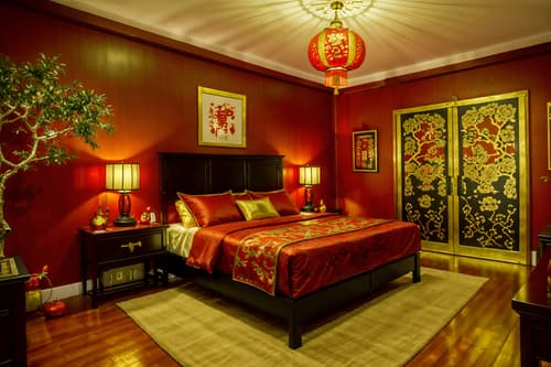 photo from pinterest of chinese new year-style interior designed (bedroom interior) with bedside table or night stand and headboard and bed and accent chair and storage bench or ottoman and night light and mirror and dresser closet. . with red and gold tassels and red and gold candles and chinese red lanterns and door couplets and orange trees and money tree and kumquat trees and gold ingots. . cinematic photo, highly detailed, cinematic lighting, ultra-detailed, ultrarealistic, photorealism, 8k. trending on pinterest. chinese new year interior design style. masterpiece, cinematic light, ultrarealistic+, photorealistic+, 8k, raw photo, realistic, sharp focus on eyes, (symmetrical eyes), (intact eyes), hyperrealistic, highest quality, best quality, , highly detailed, masterpiece, best quality, extremely detailed 8k wallpaper, masterpiece, best quality, ultra-detailed, best shadow, detailed background, detailed face, detailed eyes, high contrast, best illumination, detailed face, dulux, caustic, dynamic angle, detailed glow. dramatic lighting. highly detailed, insanely detailed hair, symmetrical, intricate details, professionally retouched, 8k high definition. strong bokeh. award winning photo.