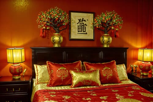 photo from pinterest of chinese new year-style interior designed (bedroom interior) with bedside table or night stand and headboard and bed and accent chair and storage bench or ottoman and night light and mirror and dresser closet. . with red and gold tassels and red and gold candles and chinese red lanterns and door couplets and orange trees and money tree and kumquat trees and gold ingots. . cinematic photo, highly detailed, cinematic lighting, ultra-detailed, ultrarealistic, photorealism, 8k. trending on pinterest. chinese new year interior design style. masterpiece, cinematic light, ultrarealistic+, photorealistic+, 8k, raw photo, realistic, sharp focus on eyes, (symmetrical eyes), (intact eyes), hyperrealistic, highest quality, best quality, , highly detailed, masterpiece, best quality, extremely detailed 8k wallpaper, masterpiece, best quality, ultra-detailed, best shadow, detailed background, detailed face, detailed eyes, high contrast, best illumination, detailed face, dulux, caustic, dynamic angle, detailed glow. dramatic lighting. highly detailed, insanely detailed hair, symmetrical, intricate details, professionally retouched, 8k high definition. strong bokeh. award winning photo.