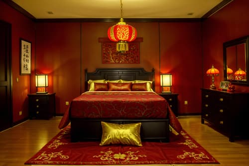 photo from pinterest of chinese new year-style interior designed (bedroom interior) with bedside table or night stand and headboard and bed and accent chair and storage bench or ottoman and night light and mirror and dresser closet. . with red and gold tassels and red and gold candles and chinese red lanterns and door couplets and orange trees and money tree and kumquat trees and gold ingots. . cinematic photo, highly detailed, cinematic lighting, ultra-detailed, ultrarealistic, photorealism, 8k. trending on pinterest. chinese new year interior design style. masterpiece, cinematic light, ultrarealistic+, photorealistic+, 8k, raw photo, realistic, sharp focus on eyes, (symmetrical eyes), (intact eyes), hyperrealistic, highest quality, best quality, , highly detailed, masterpiece, best quality, extremely detailed 8k wallpaper, masterpiece, best quality, ultra-detailed, best shadow, detailed background, detailed face, detailed eyes, high contrast, best illumination, detailed face, dulux, caustic, dynamic angle, detailed glow. dramatic lighting. highly detailed, insanely detailed hair, symmetrical, intricate details, professionally retouched, 8k high definition. strong bokeh. award winning photo.