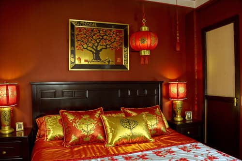 photo from pinterest of chinese new year-style interior designed (bedroom interior) with bedside table or night stand and headboard and bed and accent chair and storage bench or ottoman and night light and mirror and dresser closet. . with red and gold tassels and red and gold candles and chinese red lanterns and door couplets and orange trees and money tree and kumquat trees and gold ingots. . cinematic photo, highly detailed, cinematic lighting, ultra-detailed, ultrarealistic, photorealism, 8k. trending on pinterest. chinese new year interior design style. masterpiece, cinematic light, ultrarealistic+, photorealistic+, 8k, raw photo, realistic, sharp focus on eyes, (symmetrical eyes), (intact eyes), hyperrealistic, highest quality, best quality, , highly detailed, masterpiece, best quality, extremely detailed 8k wallpaper, masterpiece, best quality, ultra-detailed, best shadow, detailed background, detailed face, detailed eyes, high contrast, best illumination, detailed face, dulux, caustic, dynamic angle, detailed glow. dramatic lighting. highly detailed, insanely detailed hair, symmetrical, intricate details, professionally retouched, 8k high definition. strong bokeh. award winning photo.