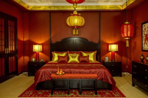 photo from pinterest of chinese new year-style interior designed (bedroom interior) with bedside table or night stand and headboard and bed and accent chair and storage bench or ottoman and night light and mirror and dresser closet. . with red and gold tassels and red and gold candles and chinese red lanterns and door couplets and orange trees and money tree and kumquat trees and gold ingots. . cinematic photo, highly detailed, cinematic lighting, ultra-detailed, ultrarealistic, photorealism, 8k. trending on pinterest. chinese new year interior design style. masterpiece, cinematic light, ultrarealistic+, photorealistic+, 8k, raw photo, realistic, sharp focus on eyes, (symmetrical eyes), (intact eyes), hyperrealistic, highest quality, best quality, , highly detailed, masterpiece, best quality, extremely detailed 8k wallpaper, masterpiece, best quality, ultra-detailed, best shadow, detailed background, detailed face, detailed eyes, high contrast, best illumination, detailed face, dulux, caustic, dynamic angle, detailed glow. dramatic lighting. highly detailed, insanely detailed hair, symmetrical, intricate details, professionally retouched, 8k high definition. strong bokeh. award winning photo.