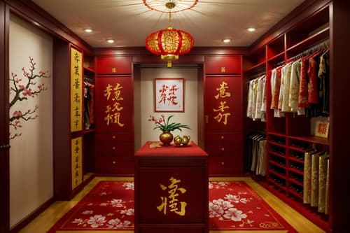 photo from pinterest of chinese new year-style interior designed (walk in closet interior) . with mei hwa flowers and zodiac calendar and fai chun banners and money tree and paper firecrackers and paper cuttings and vases of plum blossoms and orchids and red and gold candles. . cinematic photo, highly detailed, cinematic lighting, ultra-detailed, ultrarealistic, photorealism, 8k. trending on pinterest. chinese new year interior design style. masterpiece, cinematic light, ultrarealistic+, photorealistic+, 8k, raw photo, realistic, sharp focus on eyes, (symmetrical eyes), (intact eyes), hyperrealistic, highest quality, best quality, , highly detailed, masterpiece, best quality, extremely detailed 8k wallpaper, masterpiece, best quality, ultra-detailed, best shadow, detailed background, detailed face, detailed eyes, high contrast, best illumination, detailed face, dulux, caustic, dynamic angle, detailed glow. dramatic lighting. highly detailed, insanely detailed hair, symmetrical, intricate details, professionally retouched, 8k high definition. strong bokeh. award winning photo.