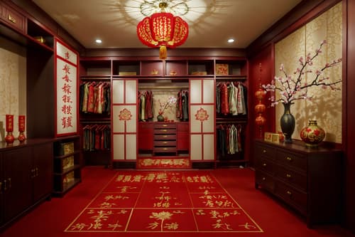 photo from pinterest of chinese new year-style interior designed (walk in closet interior) . with mei hwa flowers and zodiac calendar and fai chun banners and money tree and paper firecrackers and paper cuttings and vases of plum blossoms and orchids and red and gold candles. . cinematic photo, highly detailed, cinematic lighting, ultra-detailed, ultrarealistic, photorealism, 8k. trending on pinterest. chinese new year interior design style. masterpiece, cinematic light, ultrarealistic+, photorealistic+, 8k, raw photo, realistic, sharp focus on eyes, (symmetrical eyes), (intact eyes), hyperrealistic, highest quality, best quality, , highly detailed, masterpiece, best quality, extremely detailed 8k wallpaper, masterpiece, best quality, ultra-detailed, best shadow, detailed background, detailed face, detailed eyes, high contrast, best illumination, detailed face, dulux, caustic, dynamic angle, detailed glow. dramatic lighting. highly detailed, insanely detailed hair, symmetrical, intricate details, professionally retouched, 8k high definition. strong bokeh. award winning photo.