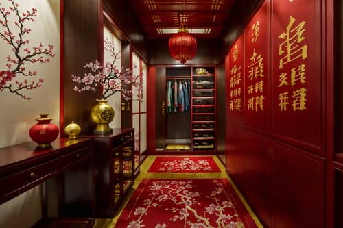 photo from pinterest of chinese new year-style interior designed (walk in closet interior) . with mei hwa flowers and zodiac calendar and fai chun banners and money tree and paper firecrackers and paper cuttings and vases of plum blossoms and orchids and red and gold candles. . cinematic photo, highly detailed, cinematic lighting, ultra-detailed, ultrarealistic, photorealism, 8k. trending on pinterest. chinese new year interior design style. masterpiece, cinematic light, ultrarealistic+, photorealistic+, 8k, raw photo, realistic, sharp focus on eyes, (symmetrical eyes), (intact eyes), hyperrealistic, highest quality, best quality, , highly detailed, masterpiece, best quality, extremely detailed 8k wallpaper, masterpiece, best quality, ultra-detailed, best shadow, detailed background, detailed face, detailed eyes, high contrast, best illumination, detailed face, dulux, caustic, dynamic angle, detailed glow. dramatic lighting. highly detailed, insanely detailed hair, symmetrical, intricate details, professionally retouched, 8k high definition. strong bokeh. award winning photo.