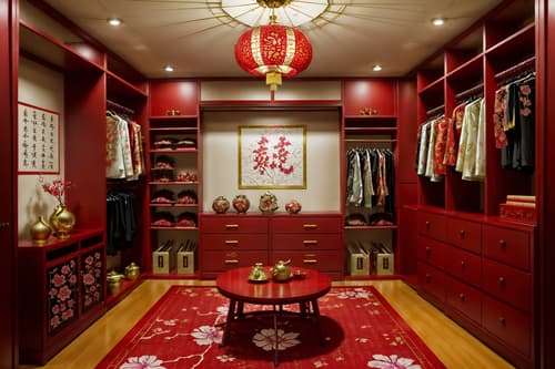 photo from pinterest of chinese new year-style interior designed (walk in closet interior) . with mei hwa flowers and zodiac calendar and fai chun banners and money tree and paper firecrackers and paper cuttings and vases of plum blossoms and orchids and red and gold candles. . cinematic photo, highly detailed, cinematic lighting, ultra-detailed, ultrarealistic, photorealism, 8k. trending on pinterest. chinese new year interior design style. masterpiece, cinematic light, ultrarealistic+, photorealistic+, 8k, raw photo, realistic, sharp focus on eyes, (symmetrical eyes), (intact eyes), hyperrealistic, highest quality, best quality, , highly detailed, masterpiece, best quality, extremely detailed 8k wallpaper, masterpiece, best quality, ultra-detailed, best shadow, detailed background, detailed face, detailed eyes, high contrast, best illumination, detailed face, dulux, caustic, dynamic angle, detailed glow. dramatic lighting. highly detailed, insanely detailed hair, symmetrical, intricate details, professionally retouched, 8k high definition. strong bokeh. award winning photo.