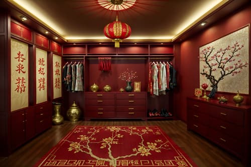photo from pinterest of chinese new year-style interior designed (walk in closet interior) . with mei hwa flowers and zodiac calendar and fai chun banners and money tree and paper firecrackers and paper cuttings and vases of plum blossoms and orchids and red and gold candles. . cinematic photo, highly detailed, cinematic lighting, ultra-detailed, ultrarealistic, photorealism, 8k. trending on pinterest. chinese new year interior design style. masterpiece, cinematic light, ultrarealistic+, photorealistic+, 8k, raw photo, realistic, sharp focus on eyes, (symmetrical eyes), (intact eyes), hyperrealistic, highest quality, best quality, , highly detailed, masterpiece, best quality, extremely detailed 8k wallpaper, masterpiece, best quality, ultra-detailed, best shadow, detailed background, detailed face, detailed eyes, high contrast, best illumination, detailed face, dulux, caustic, dynamic angle, detailed glow. dramatic lighting. highly detailed, insanely detailed hair, symmetrical, intricate details, professionally retouched, 8k high definition. strong bokeh. award winning photo.