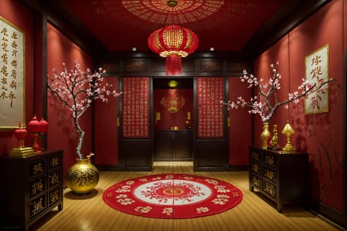 photo from pinterest of chinese new year-style interior designed (walk in closet interior) . with mei hwa flowers and zodiac calendar and fai chun banners and money tree and paper firecrackers and paper cuttings and vases of plum blossoms and orchids and red and gold candles. . cinematic photo, highly detailed, cinematic lighting, ultra-detailed, ultrarealistic, photorealism, 8k. trending on pinterest. chinese new year interior design style. masterpiece, cinematic light, ultrarealistic+, photorealistic+, 8k, raw photo, realistic, sharp focus on eyes, (symmetrical eyes), (intact eyes), hyperrealistic, highest quality, best quality, , highly detailed, masterpiece, best quality, extremely detailed 8k wallpaper, masterpiece, best quality, ultra-detailed, best shadow, detailed background, detailed face, detailed eyes, high contrast, best illumination, detailed face, dulux, caustic, dynamic angle, detailed glow. dramatic lighting. highly detailed, insanely detailed hair, symmetrical, intricate details, professionally retouched, 8k high definition. strong bokeh. award winning photo.