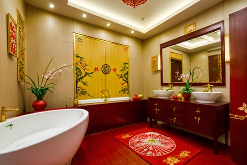 photo from pinterest of chinese new year-style interior designed (bathroom interior) with bathroom sink with faucet and toilet seat and bathtub and bath towel and bath rail and plant and shower and mirror. . with kumquat trees and vases of plum blossoms and orchids and money tree and mei hwa flowers and gold ingots and red fabric & pillows and zodiac calendar and paper cuttings. . cinematic photo, highly detailed, cinematic lighting, ultra-detailed, ultrarealistic, photorealism, 8k. trending on pinterest. chinese new year interior design style. masterpiece, cinematic light, ultrarealistic+, photorealistic+, 8k, raw photo, realistic, sharp focus on eyes, (symmetrical eyes), (intact eyes), hyperrealistic, highest quality, best quality, , highly detailed, masterpiece, best quality, extremely detailed 8k wallpaper, masterpiece, best quality, ultra-detailed, best shadow, detailed background, detailed face, detailed eyes, high contrast, best illumination, detailed face, dulux, caustic, dynamic angle, detailed glow. dramatic lighting. highly detailed, insanely detailed hair, symmetrical, intricate details, professionally retouched, 8k high definition. strong bokeh. award winning photo.