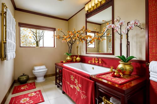 photo from pinterest of chinese new year-style interior designed (bathroom interior) with bathroom sink with faucet and toilet seat and bathtub and bath towel and bath rail and plant and shower and mirror. . with kumquat trees and vases of plum blossoms and orchids and money tree and mei hwa flowers and gold ingots and red fabric & pillows and zodiac calendar and paper cuttings. . cinematic photo, highly detailed, cinematic lighting, ultra-detailed, ultrarealistic, photorealism, 8k. trending on pinterest. chinese new year interior design style. masterpiece, cinematic light, ultrarealistic+, photorealistic+, 8k, raw photo, realistic, sharp focus on eyes, (symmetrical eyes), (intact eyes), hyperrealistic, highest quality, best quality, , highly detailed, masterpiece, best quality, extremely detailed 8k wallpaper, masterpiece, best quality, ultra-detailed, best shadow, detailed background, detailed face, detailed eyes, high contrast, best illumination, detailed face, dulux, caustic, dynamic angle, detailed glow. dramatic lighting. highly detailed, insanely detailed hair, symmetrical, intricate details, professionally retouched, 8k high definition. strong bokeh. award winning photo.