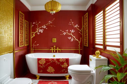 photo from pinterest of chinese new year-style interior designed (bathroom interior) with bathroom sink with faucet and toilet seat and bathtub and bath towel and bath rail and plant and shower and mirror. . with kumquat trees and vases of plum blossoms and orchids and money tree and mei hwa flowers and gold ingots and red fabric & pillows and zodiac calendar and paper cuttings. . cinematic photo, highly detailed, cinematic lighting, ultra-detailed, ultrarealistic, photorealism, 8k. trending on pinterest. chinese new year interior design style. masterpiece, cinematic light, ultrarealistic+, photorealistic+, 8k, raw photo, realistic, sharp focus on eyes, (symmetrical eyes), (intact eyes), hyperrealistic, highest quality, best quality, , highly detailed, masterpiece, best quality, extremely detailed 8k wallpaper, masterpiece, best quality, ultra-detailed, best shadow, detailed background, detailed face, detailed eyes, high contrast, best illumination, detailed face, dulux, caustic, dynamic angle, detailed glow. dramatic lighting. highly detailed, insanely detailed hair, symmetrical, intricate details, professionally retouched, 8k high definition. strong bokeh. award winning photo.