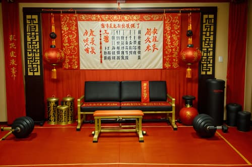 photo from pinterest of chinese new year-style interior designed (fitness gym interior) with crosstrainer and exercise bicycle and squat rack and bench press and dumbbell stand and crosstrainer. . with chinese knots and door couplets and paper cuttings and zodiac calendar and red and gold candles and orange trees and red and gold tassels and fai chun banners. . cinematic photo, highly detailed, cinematic lighting, ultra-detailed, ultrarealistic, photorealism, 8k. trending on pinterest. chinese new year interior design style. masterpiece, cinematic light, ultrarealistic+, photorealistic+, 8k, raw photo, realistic, sharp focus on eyes, (symmetrical eyes), (intact eyes), hyperrealistic, highest quality, best quality, , highly detailed, masterpiece, best quality, extremely detailed 8k wallpaper, masterpiece, best quality, ultra-detailed, best shadow, detailed background, detailed face, detailed eyes, high contrast, best illumination, detailed face, dulux, caustic, dynamic angle, detailed glow. dramatic lighting. highly detailed, insanely detailed hair, symmetrical, intricate details, professionally retouched, 8k high definition. strong bokeh. award winning photo.
