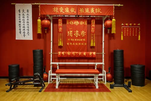 photo from pinterest of chinese new year-style interior designed (fitness gym interior) with crosstrainer and exercise bicycle and squat rack and bench press and dumbbell stand and crosstrainer. . with chinese knots and door couplets and paper cuttings and zodiac calendar and red and gold candles and orange trees and red and gold tassels and fai chun banners. . cinematic photo, highly detailed, cinematic lighting, ultra-detailed, ultrarealistic, photorealism, 8k. trending on pinterest. chinese new year interior design style. masterpiece, cinematic light, ultrarealistic+, photorealistic+, 8k, raw photo, realistic, sharp focus on eyes, (symmetrical eyes), (intact eyes), hyperrealistic, highest quality, best quality, , highly detailed, masterpiece, best quality, extremely detailed 8k wallpaper, masterpiece, best quality, ultra-detailed, best shadow, detailed background, detailed face, detailed eyes, high contrast, best illumination, detailed face, dulux, caustic, dynamic angle, detailed glow. dramatic lighting. highly detailed, insanely detailed hair, symmetrical, intricate details, professionally retouched, 8k high definition. strong bokeh. award winning photo.