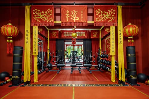 photo from pinterest of chinese new year-style interior designed (fitness gym interior) with crosstrainer and exercise bicycle and squat rack and bench press and dumbbell stand and crosstrainer. . with chinese knots and door couplets and paper cuttings and zodiac calendar and red and gold candles and orange trees and red and gold tassels and fai chun banners. . cinematic photo, highly detailed, cinematic lighting, ultra-detailed, ultrarealistic, photorealism, 8k. trending on pinterest. chinese new year interior design style. masterpiece, cinematic light, ultrarealistic+, photorealistic+, 8k, raw photo, realistic, sharp focus on eyes, (symmetrical eyes), (intact eyes), hyperrealistic, highest quality, best quality, , highly detailed, masterpiece, best quality, extremely detailed 8k wallpaper, masterpiece, best quality, ultra-detailed, best shadow, detailed background, detailed face, detailed eyes, high contrast, best illumination, detailed face, dulux, caustic, dynamic angle, detailed glow. dramatic lighting. highly detailed, insanely detailed hair, symmetrical, intricate details, professionally retouched, 8k high definition. strong bokeh. award winning photo.