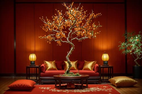 photo from pinterest of chinese new year-style interior designed (exhibition space interior) . with money tree and mei hwa flowers and kumquat trees and orange trees and zodiac calendar and chinese red lanterns and chinese knots and red fabric & pillows. . cinematic photo, highly detailed, cinematic lighting, ultra-detailed, ultrarealistic, photorealism, 8k. trending on pinterest. chinese new year interior design style. masterpiece, cinematic light, ultrarealistic+, photorealistic+, 8k, raw photo, realistic, sharp focus on eyes, (symmetrical eyes), (intact eyes), hyperrealistic, highest quality, best quality, , highly detailed, masterpiece, best quality, extremely detailed 8k wallpaper, masterpiece, best quality, ultra-detailed, best shadow, detailed background, detailed face, detailed eyes, high contrast, best illumination, detailed face, dulux, caustic, dynamic angle, detailed glow. dramatic lighting. highly detailed, insanely detailed hair, symmetrical, intricate details, professionally retouched, 8k high definition. strong bokeh. award winning photo.