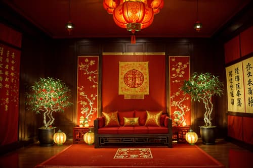 photo from pinterest of chinese new year-style interior designed (exhibition space interior) . with money tree and mei hwa flowers and kumquat trees and orange trees and zodiac calendar and chinese red lanterns and chinese knots and red fabric & pillows. . cinematic photo, highly detailed, cinematic lighting, ultra-detailed, ultrarealistic, photorealism, 8k. trending on pinterest. chinese new year interior design style. masterpiece, cinematic light, ultrarealistic+, photorealistic+, 8k, raw photo, realistic, sharp focus on eyes, (symmetrical eyes), (intact eyes), hyperrealistic, highest quality, best quality, , highly detailed, masterpiece, best quality, extremely detailed 8k wallpaper, masterpiece, best quality, ultra-detailed, best shadow, detailed background, detailed face, detailed eyes, high contrast, best illumination, detailed face, dulux, caustic, dynamic angle, detailed glow. dramatic lighting. highly detailed, insanely detailed hair, symmetrical, intricate details, professionally retouched, 8k high definition. strong bokeh. award winning photo.