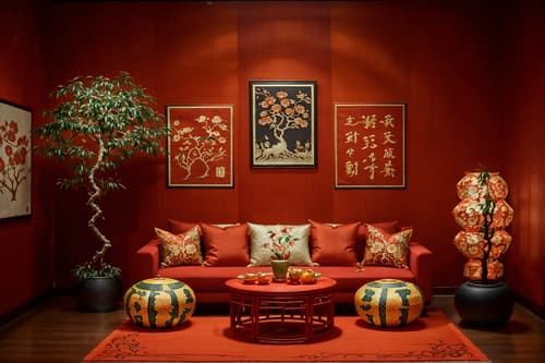 photo from pinterest of chinese new year-style interior designed (exhibition space interior) . with money tree and mei hwa flowers and kumquat trees and orange trees and zodiac calendar and chinese red lanterns and chinese knots and red fabric & pillows. . cinematic photo, highly detailed, cinematic lighting, ultra-detailed, ultrarealistic, photorealism, 8k. trending on pinterest. chinese new year interior design style. masterpiece, cinematic light, ultrarealistic+, photorealistic+, 8k, raw photo, realistic, sharp focus on eyes, (symmetrical eyes), (intact eyes), hyperrealistic, highest quality, best quality, , highly detailed, masterpiece, best quality, extremely detailed 8k wallpaper, masterpiece, best quality, ultra-detailed, best shadow, detailed background, detailed face, detailed eyes, high contrast, best illumination, detailed face, dulux, caustic, dynamic angle, detailed glow. dramatic lighting. highly detailed, insanely detailed hair, symmetrical, intricate details, professionally retouched, 8k high definition. strong bokeh. award winning photo.