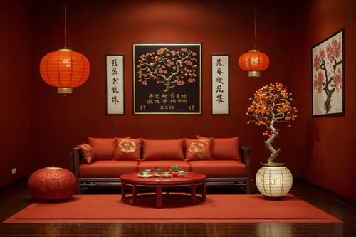 photo from pinterest of chinese new year-style interior designed (exhibition space interior) . with money tree and mei hwa flowers and kumquat trees and orange trees and zodiac calendar and chinese red lanterns and chinese knots and red fabric & pillows. . cinematic photo, highly detailed, cinematic lighting, ultra-detailed, ultrarealistic, photorealism, 8k. trending on pinterest. chinese new year interior design style. masterpiece, cinematic light, ultrarealistic+, photorealistic+, 8k, raw photo, realistic, sharp focus on eyes, (symmetrical eyes), (intact eyes), hyperrealistic, highest quality, best quality, , highly detailed, masterpiece, best quality, extremely detailed 8k wallpaper, masterpiece, best quality, ultra-detailed, best shadow, detailed background, detailed face, detailed eyes, high contrast, best illumination, detailed face, dulux, caustic, dynamic angle, detailed glow. dramatic lighting. highly detailed, insanely detailed hair, symmetrical, intricate details, professionally retouched, 8k high definition. strong bokeh. award winning photo.