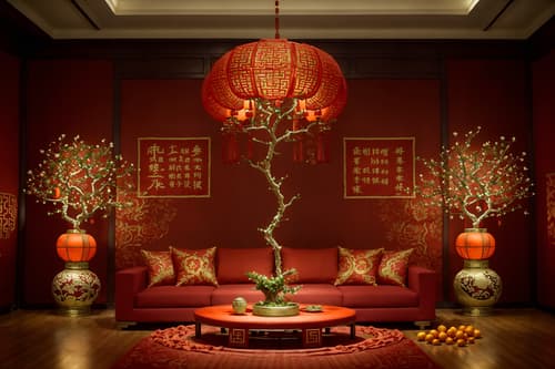 photo from pinterest of chinese new year-style interior designed (exhibition space interior) . with money tree and mei hwa flowers and kumquat trees and orange trees and zodiac calendar and chinese red lanterns and chinese knots and red fabric & pillows. . cinematic photo, highly detailed, cinematic lighting, ultra-detailed, ultrarealistic, photorealism, 8k. trending on pinterest. chinese new year interior design style. masterpiece, cinematic light, ultrarealistic+, photorealistic+, 8k, raw photo, realistic, sharp focus on eyes, (symmetrical eyes), (intact eyes), hyperrealistic, highest quality, best quality, , highly detailed, masterpiece, best quality, extremely detailed 8k wallpaper, masterpiece, best quality, ultra-detailed, best shadow, detailed background, detailed face, detailed eyes, high contrast, best illumination, detailed face, dulux, caustic, dynamic angle, detailed glow. dramatic lighting. highly detailed, insanely detailed hair, symmetrical, intricate details, professionally retouched, 8k high definition. strong bokeh. award winning photo.