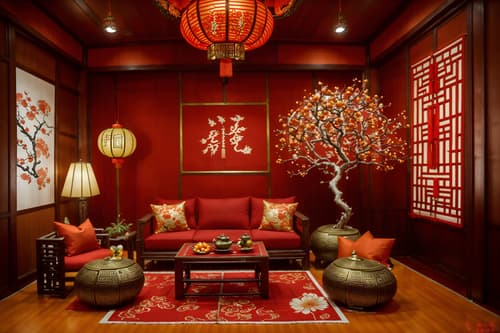 photo from pinterest of chinese new year-style interior designed (exhibition space interior) . with money tree and mei hwa flowers and kumquat trees and orange trees and zodiac calendar and chinese red lanterns and chinese knots and red fabric & pillows. . cinematic photo, highly detailed, cinematic lighting, ultra-detailed, ultrarealistic, photorealism, 8k. trending on pinterest. chinese new year interior design style. masterpiece, cinematic light, ultrarealistic+, photorealistic+, 8k, raw photo, realistic, sharp focus on eyes, (symmetrical eyes), (intact eyes), hyperrealistic, highest quality, best quality, , highly detailed, masterpiece, best quality, extremely detailed 8k wallpaper, masterpiece, best quality, ultra-detailed, best shadow, detailed background, detailed face, detailed eyes, high contrast, best illumination, detailed face, dulux, caustic, dynamic angle, detailed glow. dramatic lighting. highly detailed, insanely detailed hair, symmetrical, intricate details, professionally retouched, 8k high definition. strong bokeh. award winning photo.