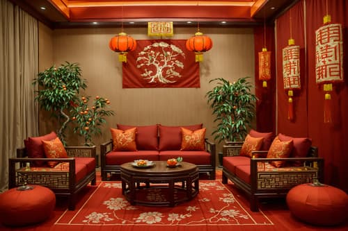 photo from pinterest of chinese new year-style interior designed (exhibition space interior) . with money tree and mei hwa flowers and kumquat trees and orange trees and zodiac calendar and chinese red lanterns and chinese knots and red fabric & pillows. . cinematic photo, highly detailed, cinematic lighting, ultra-detailed, ultrarealistic, photorealism, 8k. trending on pinterest. chinese new year interior design style. masterpiece, cinematic light, ultrarealistic+, photorealistic+, 8k, raw photo, realistic, sharp focus on eyes, (symmetrical eyes), (intact eyes), hyperrealistic, highest quality, best quality, , highly detailed, masterpiece, best quality, extremely detailed 8k wallpaper, masterpiece, best quality, ultra-detailed, best shadow, detailed background, detailed face, detailed eyes, high contrast, best illumination, detailed face, dulux, caustic, dynamic angle, detailed glow. dramatic lighting. highly detailed, insanely detailed hair, symmetrical, intricate details, professionally retouched, 8k high definition. strong bokeh. award winning photo.