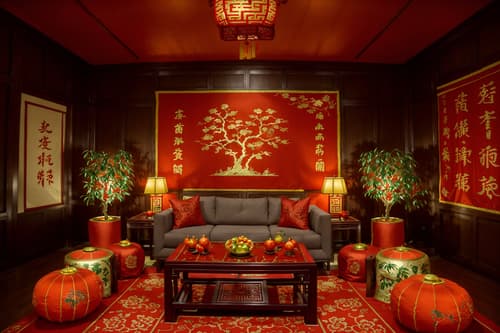 photo from pinterest of chinese new year-style interior designed (exhibition space interior) . with money tree and mei hwa flowers and kumquat trees and orange trees and zodiac calendar and chinese red lanterns and chinese knots and red fabric & pillows. . cinematic photo, highly detailed, cinematic lighting, ultra-detailed, ultrarealistic, photorealism, 8k. trending on pinterest. chinese new year interior design style. masterpiece, cinematic light, ultrarealistic+, photorealistic+, 8k, raw photo, realistic, sharp focus on eyes, (symmetrical eyes), (intact eyes), hyperrealistic, highest quality, best quality, , highly detailed, masterpiece, best quality, extremely detailed 8k wallpaper, masterpiece, best quality, ultra-detailed, best shadow, detailed background, detailed face, detailed eyes, high contrast, best illumination, detailed face, dulux, caustic, dynamic angle, detailed glow. dramatic lighting. highly detailed, insanely detailed hair, symmetrical, intricate details, professionally retouched, 8k high definition. strong bokeh. award winning photo.