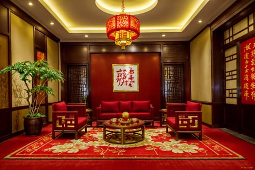 photo from pinterest of chinese new year-style interior designed (hotel lobby interior) with plant and sofas and coffee tables and rug and lounge chairs and check in desk and hanging lamps and furniture. . with vases of plum blossoms and orchids and paper cuttings and zodiac calendar and door couplets and red and gold tassels and paper firecrackers and red and gold candles and mei hwa flowers. . cinematic photo, highly detailed, cinematic lighting, ultra-detailed, ultrarealistic, photorealism, 8k. trending on pinterest. chinese new year interior design style. masterpiece, cinematic light, ultrarealistic+, photorealistic+, 8k, raw photo, realistic, sharp focus on eyes, (symmetrical eyes), (intact eyes), hyperrealistic, highest quality, best quality, , highly detailed, masterpiece, best quality, extremely detailed 8k wallpaper, masterpiece, best quality, ultra-detailed, best shadow, detailed background, detailed face, detailed eyes, high contrast, best illumination, detailed face, dulux, caustic, dynamic angle, detailed glow. dramatic lighting. highly detailed, insanely detailed hair, symmetrical, intricate details, professionally retouched, 8k high definition. strong bokeh. award winning photo.