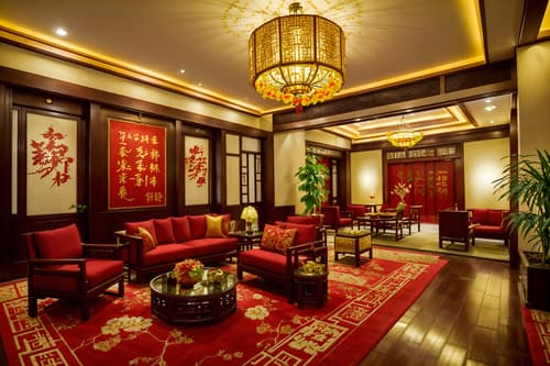 photo from pinterest of chinese new year-style interior designed (hotel lobby interior) with plant and sofas and coffee tables and rug and lounge chairs and check in desk and hanging lamps and furniture. . with vases of plum blossoms and orchids and paper cuttings and zodiac calendar and door couplets and red and gold tassels and paper firecrackers and red and gold candles and mei hwa flowers. . cinematic photo, highly detailed, cinematic lighting, ultra-detailed, ultrarealistic, photorealism, 8k. trending on pinterest. chinese new year interior design style. masterpiece, cinematic light, ultrarealistic+, photorealistic+, 8k, raw photo, realistic, sharp focus on eyes, (symmetrical eyes), (intact eyes), hyperrealistic, highest quality, best quality, , highly detailed, masterpiece, best quality, extremely detailed 8k wallpaper, masterpiece, best quality, ultra-detailed, best shadow, detailed background, detailed face, detailed eyes, high contrast, best illumination, detailed face, dulux, caustic, dynamic angle, detailed glow. dramatic lighting. highly detailed, insanely detailed hair, symmetrical, intricate details, professionally retouched, 8k high definition. strong bokeh. award winning photo.