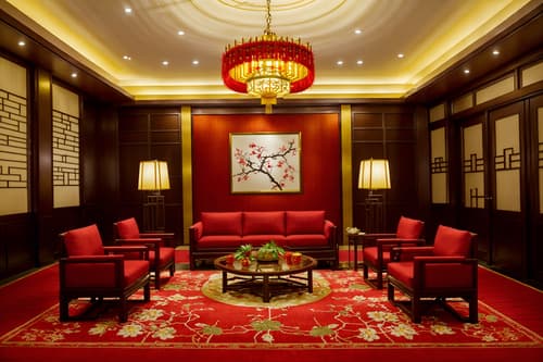 photo from pinterest of chinese new year-style interior designed (hotel lobby interior) with plant and sofas and coffee tables and rug and lounge chairs and check in desk and hanging lamps and furniture. . with vases of plum blossoms and orchids and paper cuttings and zodiac calendar and door couplets and red and gold tassels and paper firecrackers and red and gold candles and mei hwa flowers. . cinematic photo, highly detailed, cinematic lighting, ultra-detailed, ultrarealistic, photorealism, 8k. trending on pinterest. chinese new year interior design style. masterpiece, cinematic light, ultrarealistic+, photorealistic+, 8k, raw photo, realistic, sharp focus on eyes, (symmetrical eyes), (intact eyes), hyperrealistic, highest quality, best quality, , highly detailed, masterpiece, best quality, extremely detailed 8k wallpaper, masterpiece, best quality, ultra-detailed, best shadow, detailed background, detailed face, detailed eyes, high contrast, best illumination, detailed face, dulux, caustic, dynamic angle, detailed glow. dramatic lighting. highly detailed, insanely detailed hair, symmetrical, intricate details, professionally retouched, 8k high definition. strong bokeh. award winning photo.