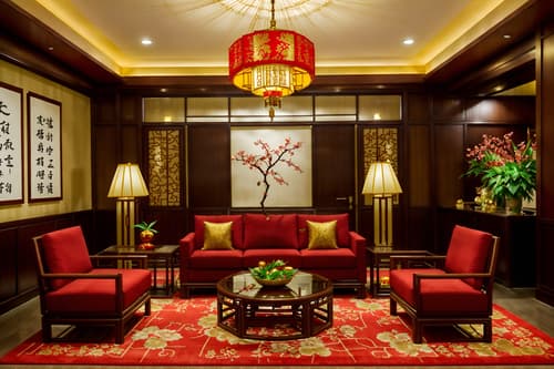 photo from pinterest of chinese new year-style interior designed (hotel lobby interior) with plant and sofas and coffee tables and rug and lounge chairs and check in desk and hanging lamps and furniture. . with vases of plum blossoms and orchids and paper cuttings and zodiac calendar and door couplets and red and gold tassels and paper firecrackers and red and gold candles and mei hwa flowers. . cinematic photo, highly detailed, cinematic lighting, ultra-detailed, ultrarealistic, photorealism, 8k. trending on pinterest. chinese new year interior design style. masterpiece, cinematic light, ultrarealistic+, photorealistic+, 8k, raw photo, realistic, sharp focus on eyes, (symmetrical eyes), (intact eyes), hyperrealistic, highest quality, best quality, , highly detailed, masterpiece, best quality, extremely detailed 8k wallpaper, masterpiece, best quality, ultra-detailed, best shadow, detailed background, detailed face, detailed eyes, high contrast, best illumination, detailed face, dulux, caustic, dynamic angle, detailed glow. dramatic lighting. highly detailed, insanely detailed hair, symmetrical, intricate details, professionally retouched, 8k high definition. strong bokeh. award winning photo.