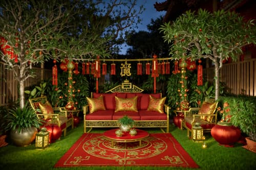 photo from pinterest of chinese new year-style designed (outdoor garden ) with garden plants and grass and garden tree and garden plants. . with money tree and orange trees and red and gold candles and red fabric & pillows and red and gold tassels and vases of plum blossoms and orchids and mei hwa flowers and zodiac calendar. . cinematic photo, highly detailed, cinematic lighting, ultra-detailed, ultrarealistic, photorealism, 8k. trending on pinterest. chinese new year design style. masterpiece, cinematic light, ultrarealistic+, photorealistic+, 8k, raw photo, realistic, sharp focus on eyes, (symmetrical eyes), (intact eyes), hyperrealistic, highest quality, best quality, , highly detailed, masterpiece, best quality, extremely detailed 8k wallpaper, masterpiece, best quality, ultra-detailed, best shadow, detailed background, detailed face, detailed eyes, high contrast, best illumination, detailed face, dulux, caustic, dynamic angle, detailed glow. dramatic lighting. highly detailed, insanely detailed hair, symmetrical, intricate details, professionally retouched, 8k high definition. strong bokeh. award winning photo.