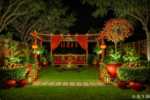 photo from pinterest of chinese new year-style designed (outdoor garden ) with garden plants and grass and garden tree and garden plants. . with money tree and orange trees and red and gold candles and red fabric & pillows and red and gold tassels and vases of plum blossoms and orchids and mei hwa flowers and zodiac calendar. . cinematic photo, highly detailed, cinematic lighting, ultra-detailed, ultrarealistic, photorealism, 8k. trending on pinterest. chinese new year design style. masterpiece, cinematic light, ultrarealistic+, photorealistic+, 8k, raw photo, realistic, sharp focus on eyes, (symmetrical eyes), (intact eyes), hyperrealistic, highest quality, best quality, , highly detailed, masterpiece, best quality, extremely detailed 8k wallpaper, masterpiece, best quality, ultra-detailed, best shadow, detailed background, detailed face, detailed eyes, high contrast, best illumination, detailed face, dulux, caustic, dynamic angle, detailed glow. dramatic lighting. highly detailed, insanely detailed hair, symmetrical, intricate details, professionally retouched, 8k high definition. strong bokeh. award winning photo.