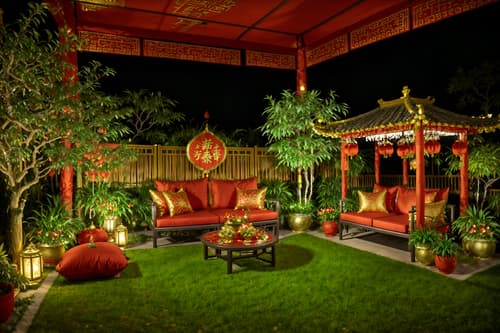 photo from pinterest of chinese new year-style designed (outdoor garden ) with garden plants and grass and garden tree and garden plants. . with money tree and orange trees and red and gold candles and red fabric & pillows and red and gold tassels and vases of plum blossoms and orchids and mei hwa flowers and zodiac calendar. . cinematic photo, highly detailed, cinematic lighting, ultra-detailed, ultrarealistic, photorealism, 8k. trending on pinterest. chinese new year design style. masterpiece, cinematic light, ultrarealistic+, photorealistic+, 8k, raw photo, realistic, sharp focus on eyes, (symmetrical eyes), (intact eyes), hyperrealistic, highest quality, best quality, , highly detailed, masterpiece, best quality, extremely detailed 8k wallpaper, masterpiece, best quality, ultra-detailed, best shadow, detailed background, detailed face, detailed eyes, high contrast, best illumination, detailed face, dulux, caustic, dynamic angle, detailed glow. dramatic lighting. highly detailed, insanely detailed hair, symmetrical, intricate details, professionally retouched, 8k high definition. strong bokeh. award winning photo.