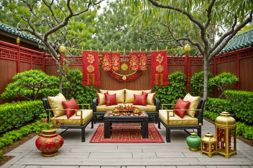 photo from pinterest of chinese new year-style designed (outdoor patio ) with barbeque or grill and plant and grass and deck with deck chairs and patio couch with pillows and barbeque or grill. . with red and gold tassels and chinese knots and money tree and vases of plum blossoms and orchids and mei hwa flowers and paper cuttings and red and gold candles and zodiac calendar. . cinematic photo, highly detailed, cinematic lighting, ultra-detailed, ultrarealistic, photorealism, 8k. trending on pinterest. chinese new year design style. masterpiece, cinematic light, ultrarealistic+, photorealistic+, 8k, raw photo, realistic, sharp focus on eyes, (symmetrical eyes), (intact eyes), hyperrealistic, highest quality, best quality, , highly detailed, masterpiece, best quality, extremely detailed 8k wallpaper, masterpiece, best quality, ultra-detailed, best shadow, detailed background, detailed face, detailed eyes, high contrast, best illumination, detailed face, dulux, caustic, dynamic angle, detailed glow. dramatic lighting. highly detailed, insanely detailed hair, symmetrical, intricate details, professionally retouched, 8k high definition. strong bokeh. award winning photo.
